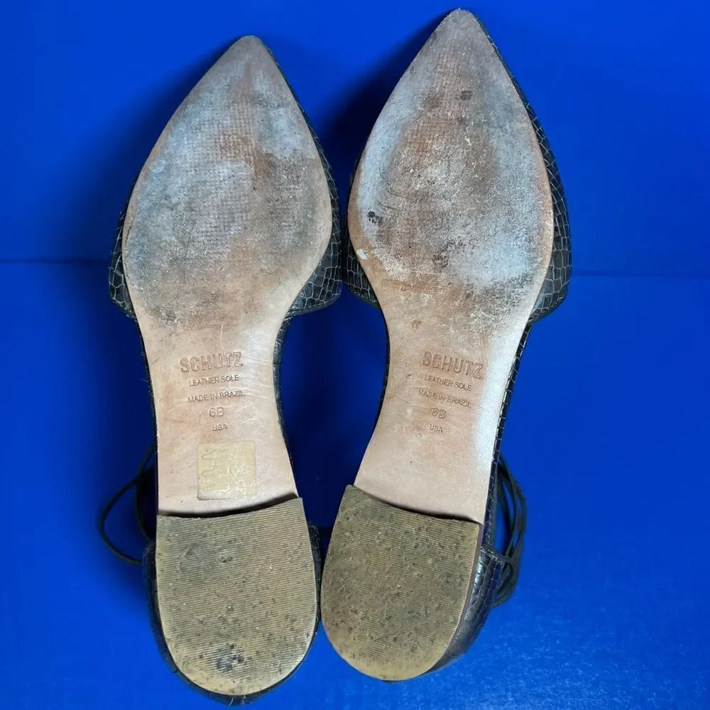 SCHUTZ Womens Neida Grey Crocodile Point Toe D'Orsay Leather Lace Up‎ Flats 6B